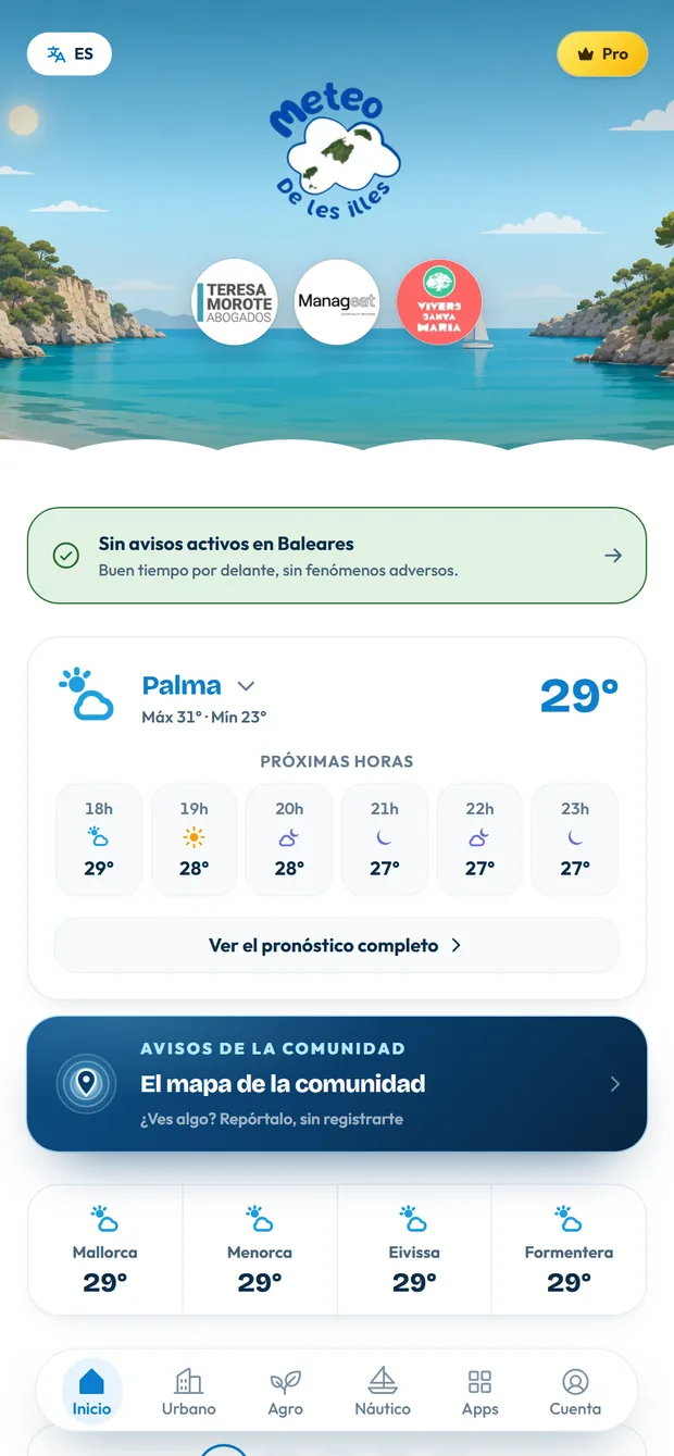 Meteo de les Illes en el móvil, con la temperatura de Palma y la barra de secciones abajo