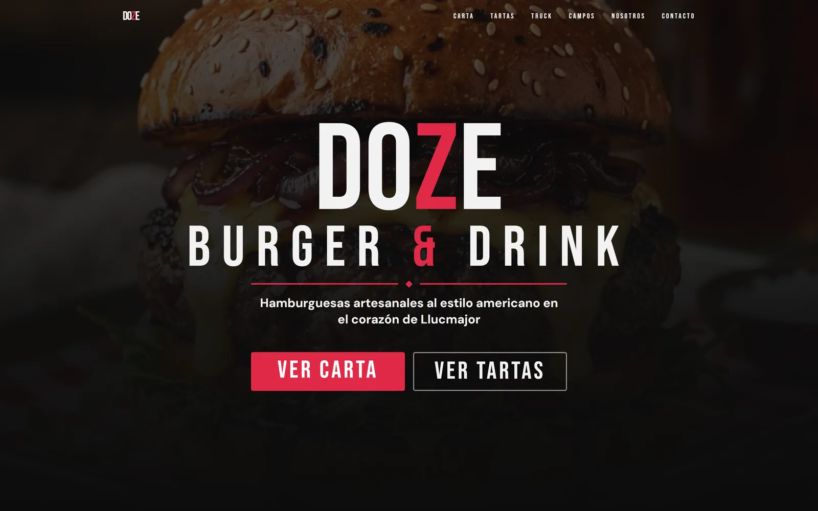 Portada de Doze Burger & Drink, con la hamburguesa a toda pantalla y los botones de carta y tartas
