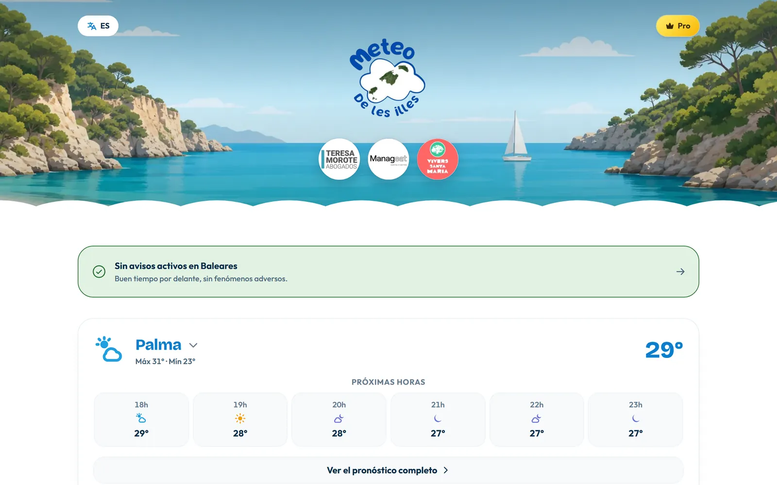 Portada de Meteo de les Illes, con la temperatura de Palma, las próximas horas y los avisos de la comunidad